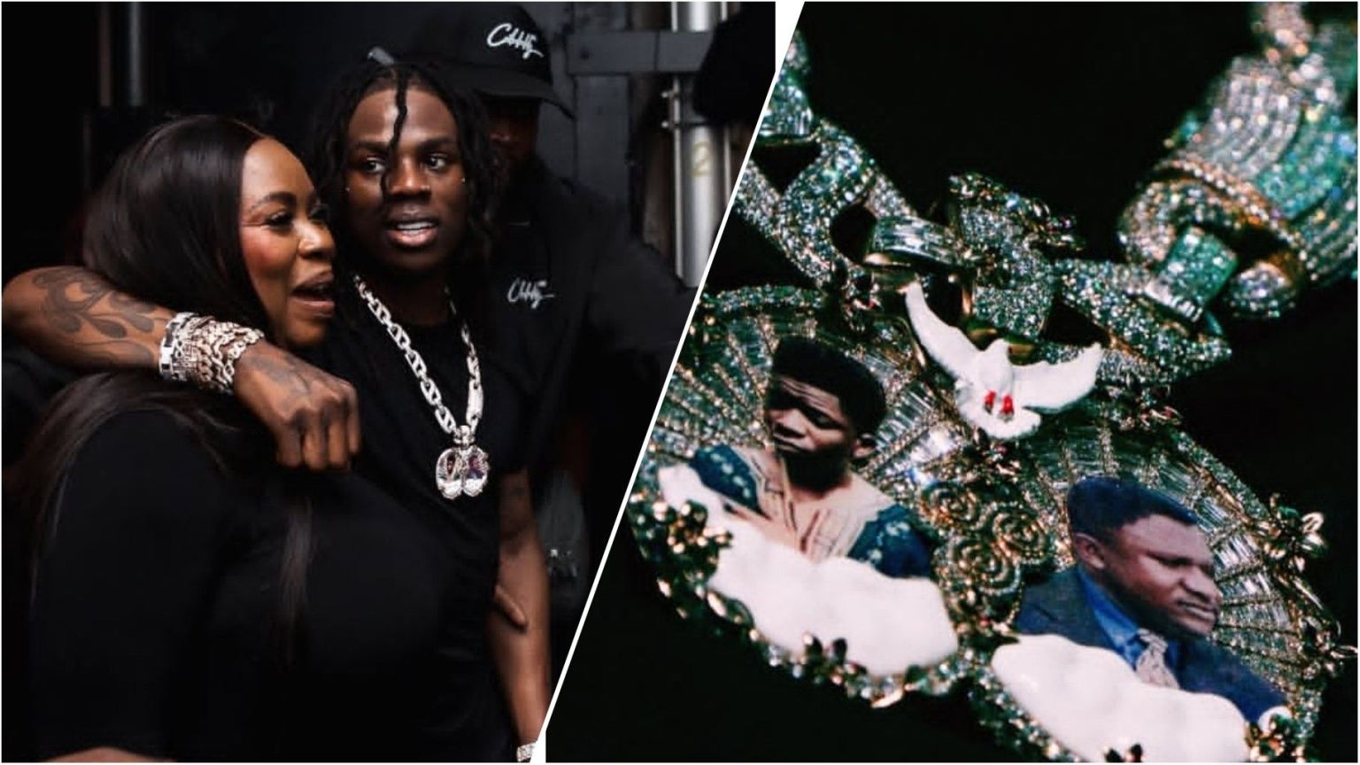 Rema holds his mother close in a warm moment at an event, while a second image shows his custom diamond chain featuring portraits of his late father and brother with a white dove design.