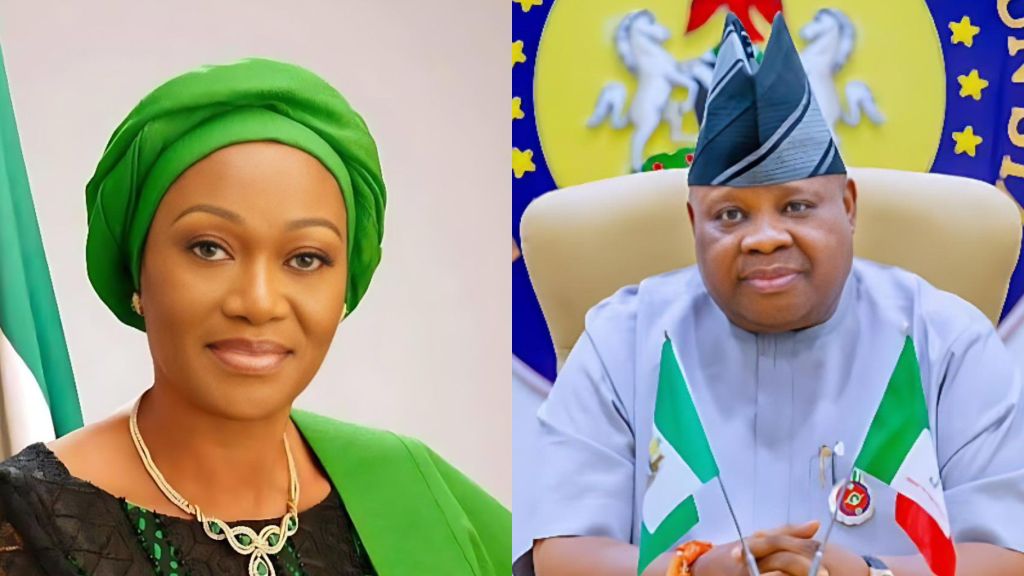 First Lady Remi Tinubu and Osun State Governor Ademola Adeleke in separate official portraits placed side by side.