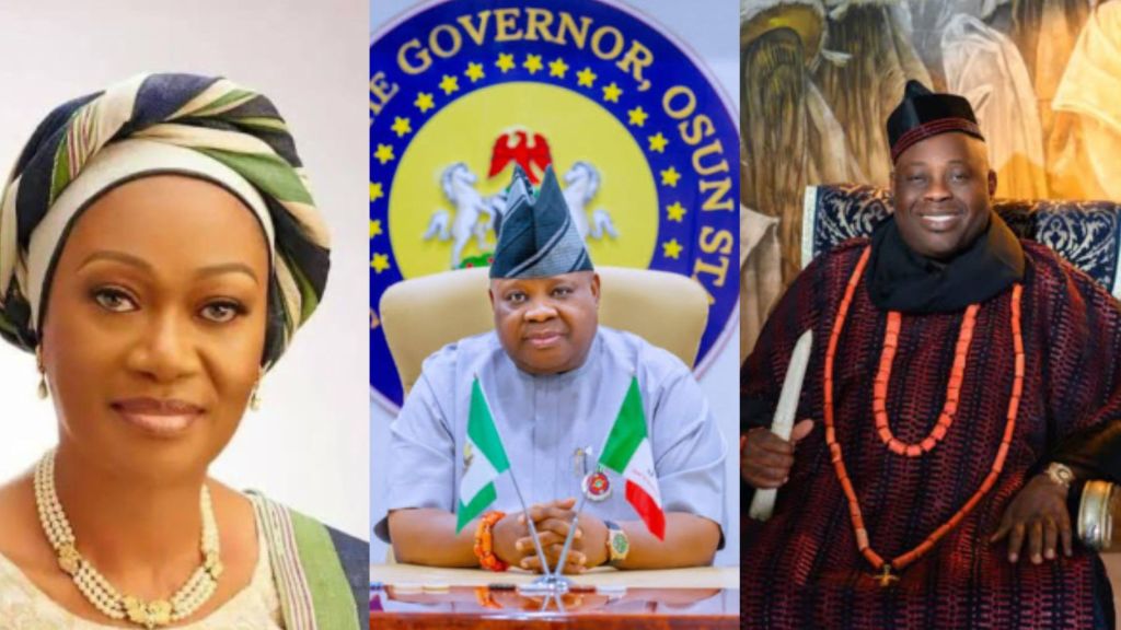 A collage featuring Nigeria’s First Lady Remi Tinubu on the left, Osun State Governor Ademola Adeleke seated at his official desk in the middle, and media personality Dele Momodu dressed in traditional attire on the right.