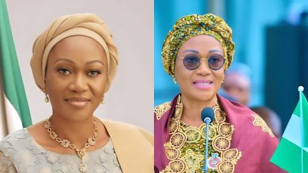 A side-by-side collage of Nigeria’s First Lady, Senator Oluremi Tinubu. The left image shows her in a cream headwrap and light blue attire, posing formally. The right image shows her wearing a patterned green headwrap, gold-embroidered outfit, and round glasses while speaking at a podium with a Nigerian flag.