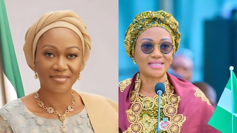A side-by-side collage of Nigeria’s First Lady, Senator Oluremi Tinubu. The left image shows her in a cream headwrap and light blue attire, posing formally. The right image shows her wearing a patterned green headwrap, gold-embroidered outfit, and round glasses while speaking at a podium with a Nigerian flag.