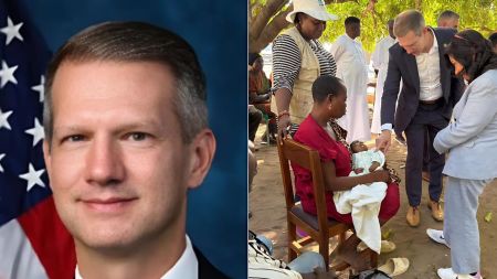 A formal portrait of U.S. Congressman Riley Moore in a suit with an American flag behind him, placed beside a photo of Moore bending toward a woman holding a baby during an outdoor visit to an IDP camp in Benue, with aid workers and visitors standing nearby under tree shade.