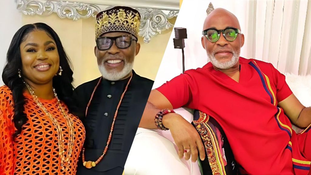 Richard Mofe-Damijo smiling in photos with his wife in one frame and relaxing in a red outfit in another.