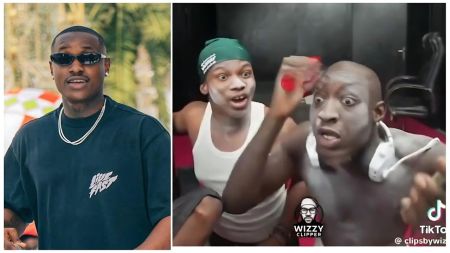 Split-image collage featuring (left) Nigerian singer Ruger outdoors wearing dark sunglasses, a black T-shirt with "Live Fast" text, and layered silver chains; (right) viral TikTok clip from @clipsbywizzy showing two men in exaggerated shocked expressions—one in a white tank top and green headband holding a red object, the other shirtless with white powder on his face—labeled "Wizzy Clipper".