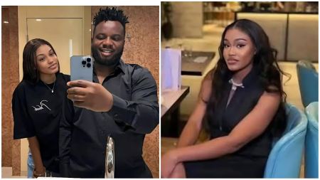 A side-by-side collage showing comedian Sabinus taking a mirror selfie with his ex-wife Ciana Chapman on the left, while the right image shows Ciana seated alone at a restaurant, dressed in a black outfit and looking at the camera.