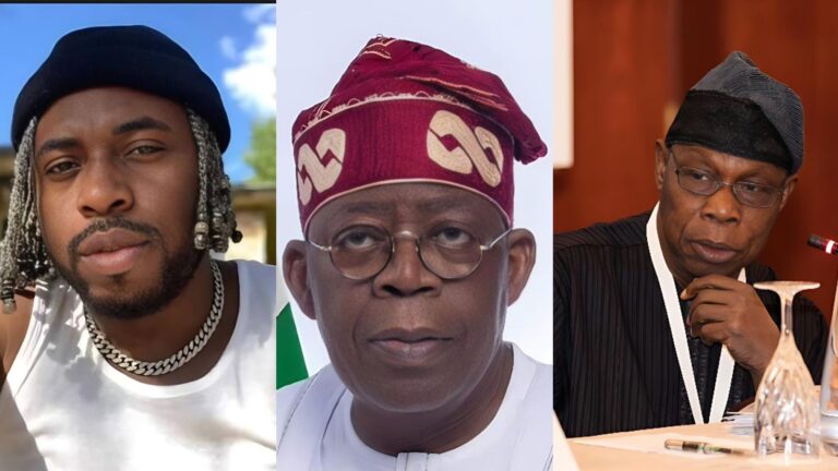 A collage showing music producer Samklef on the left, President Bola Ahmed Tinubu in the centre, and former President Olusegun Obasanjo on the right.