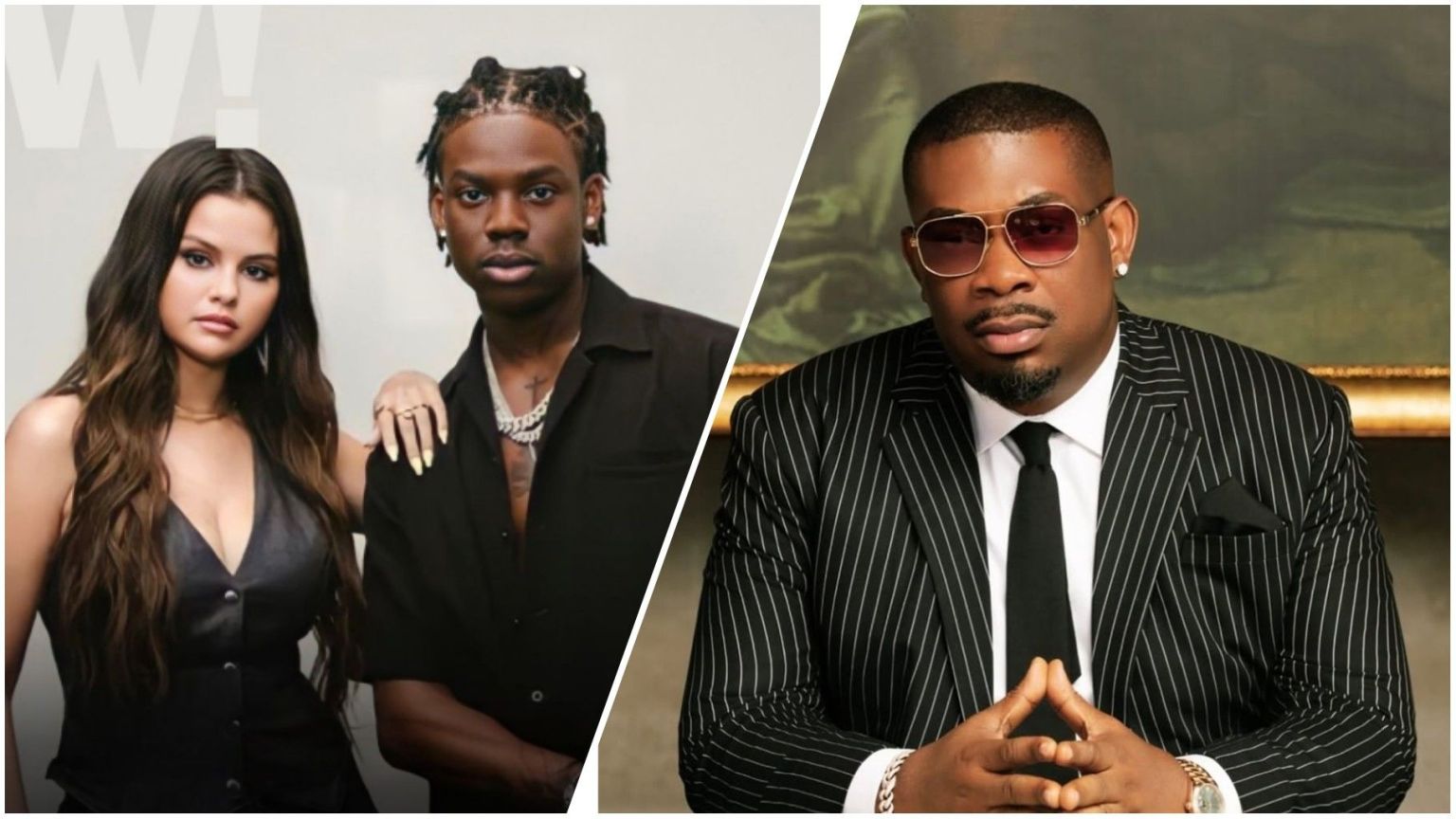 Split-image collage featuring (left) Selena Gomez and Nigerian singer Rema posing together—she in a black sleeveless top with her hand on his shoulder, he in a black shirt with braided hair and jewelry—against a "W" logo backdrop; (right) Nigerian music producer Don Jazzy in a black pinstripe suit, white shirt, black tie, tinted sunglasses, and pearl earring, seated with hands clasped against a classical painting background.