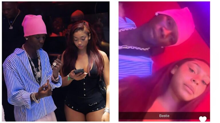 Split-image collage featuring Nigerian singer Seyi Vibez and his rumored partner Skyla—left: both standing close in a dimly lit club setting, Seyi in a pink beanie, blue-and-white striped shirt, and multiple chains while looking at her phone, Skyla in a black corset top and shorts holding her phone; right: intimate selfie of the two lying down under red-purple lighting with "Bestie" text and heart emoji overlay.