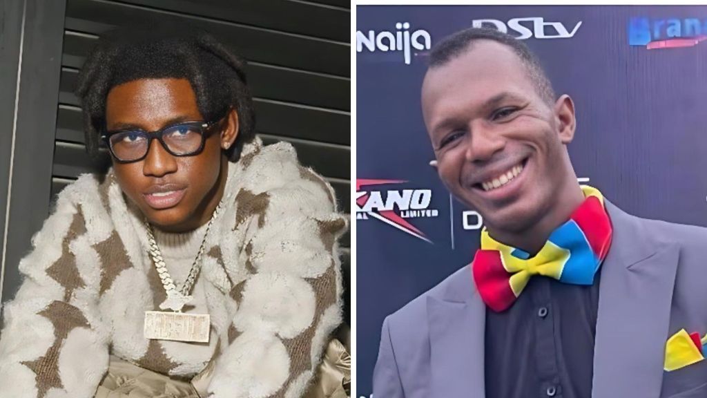 Side-by-side photo of Nigerian singer Shallipopi wearing glasses, a patterned sweater and a chain, next to media personality Daniel Regha smiling in a suit with a colourful bow tie.
