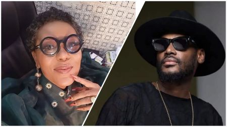 Side-by-side collage showing Nigerian actress Shan George wearing round glasses and posing for a selfie on the left, and singer 2Baba wearing dark sunglasses and a black hat on the right.