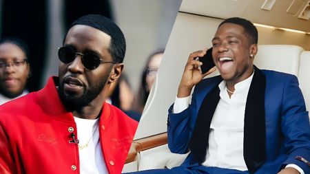 Side-by-side photo showing American music mogul Diddy wearing a red jacket and sunglasses on the left, and Nigerian skitmaker Shank Comics smiling and speaking on a phone while seated in what looks like a private jet on the right.