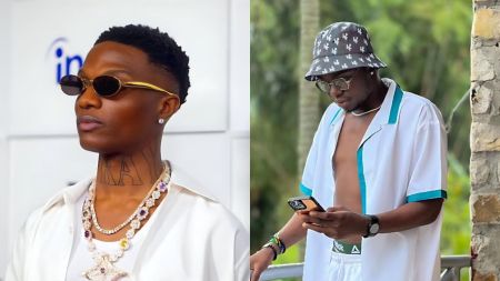 A side-by-side comparison photo: on the left, Nigerian Afrobeats superstar Wizkid posing at a formal event, wearing dark oval sunglasses, multiple layered necklaces with colorful pendants, a visible neck tattoo, and a white collared shirt; on the right, Nigerian comedian Shank Comics in a casual outdoor setting, wearing a patterned bucket hat, round sunglasses, an open white shirt with teal trim over shorts, and holding a phone.