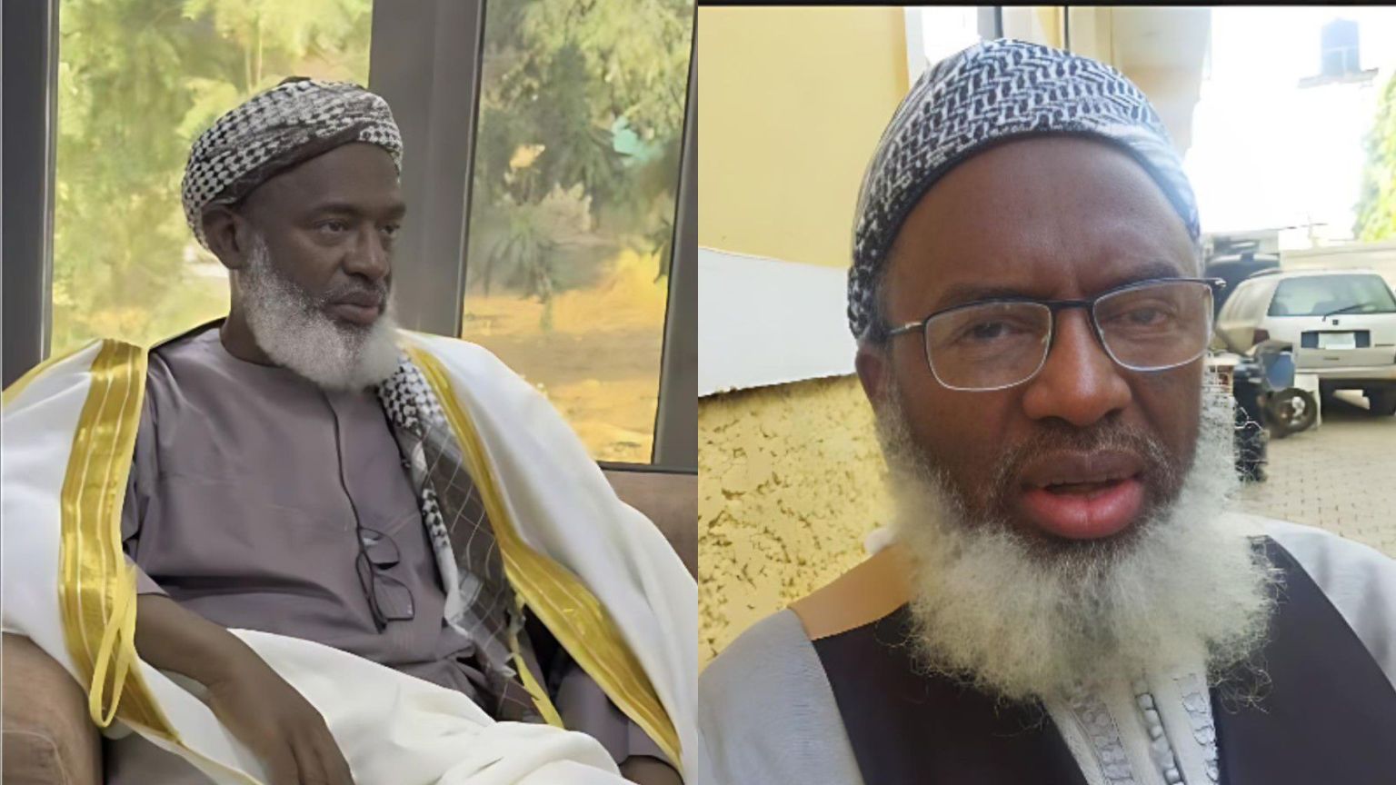 Two side-by-side photos of Sheikh Ahmad Gumi, one showing him seated indoors in traditional attire with a white beard, and the other showing a close-up of him outdoors wearing glasses and a patterned cap.
