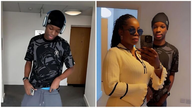 A split-screen image shows Boluwatife Balogun (left) and his mother, Shola Ogudu, posing together (right). On the left, Boluwatife wears a black patterned t-shirt and grey joggers while looking down. The right side features a mirror selfie of Shola in a yellow top and Boluwatife standing behind her.