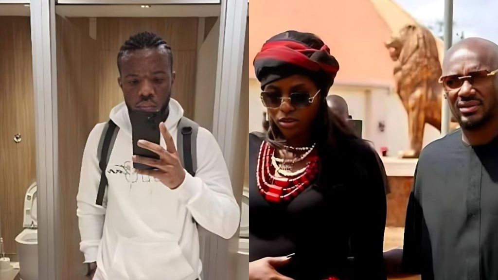 Media personality Sir Dickson takes a mirror selfie in a white hoodie, placed beside another image showing Natasha Osawaru wearing dark glasses and traditional attire standing next to singer 2Baba during an outdoor event.