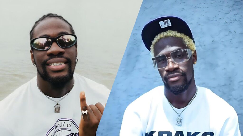 Side-by-side photos of Nigerian singer Smada. In the first image, he smiles at the camera while wearing dark sunglasses and a white shirt outdoors. In the second image, he appears with blond hair, clear-frame glasses, and a cap, posing against a blue wall.