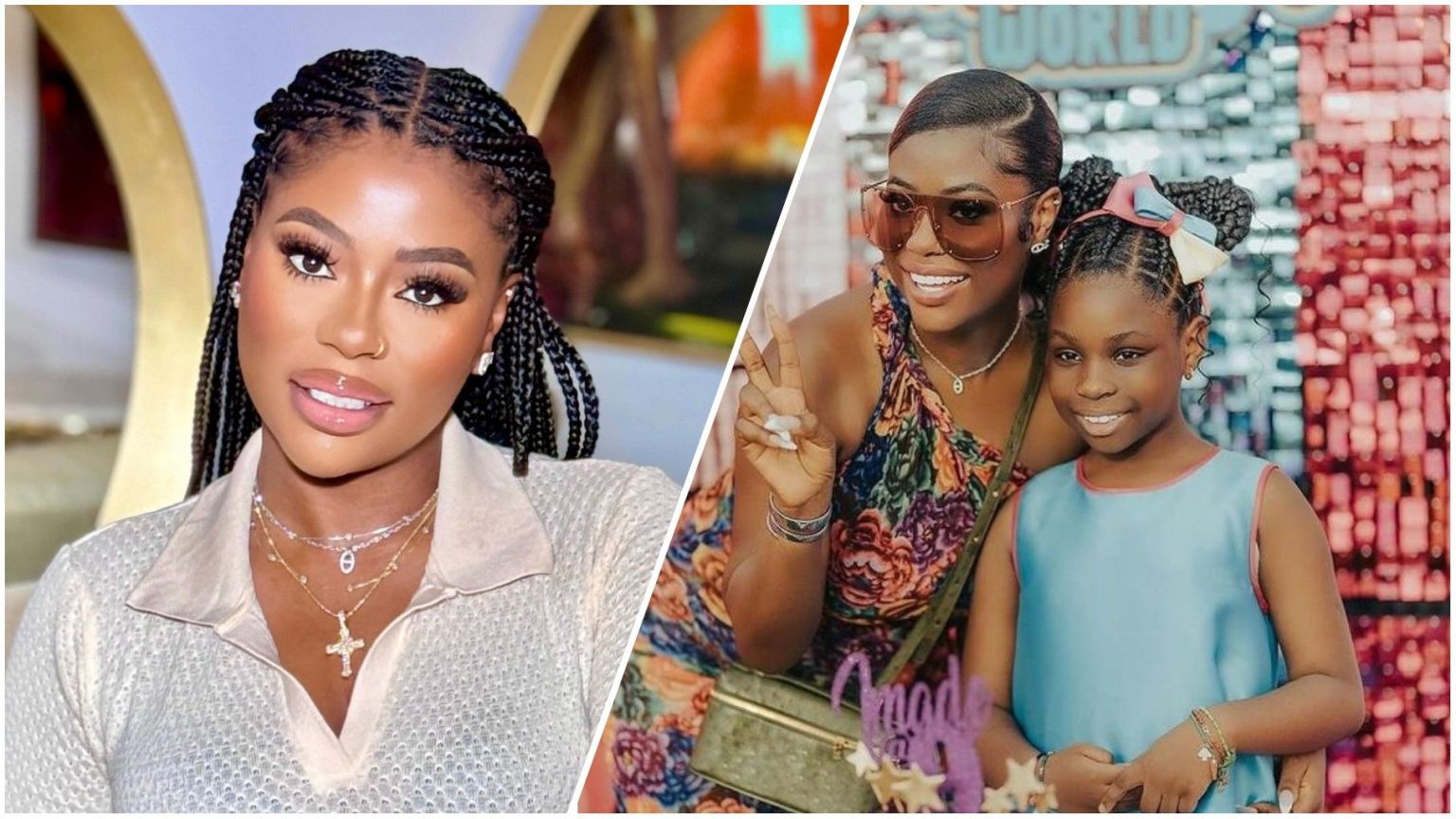 Split-image collage of Nigerian entrepreneur and socialite Sophia Momodu (left: close-up portrait with braided hair, elegant makeup, and layered necklaces) and a mother-daughter moment with her daughter Imade Adeleke (right: both smiling, with Imade in a light blue dress and hair accessories, against a colorful sequined backdrop with "Angel" text).