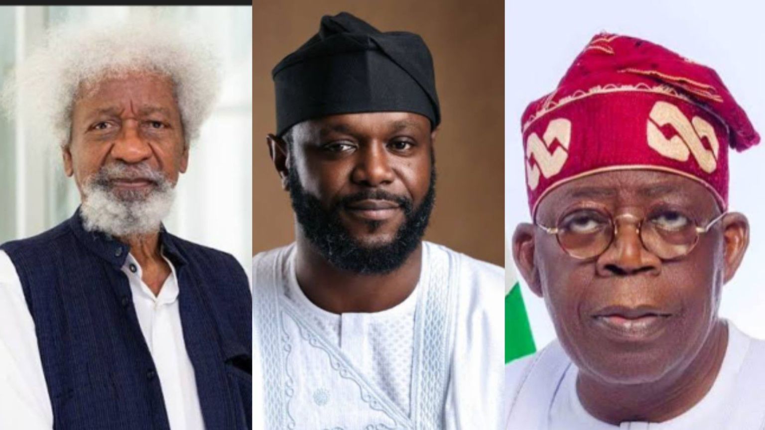 “Side-by-side portraits of Wole Soyinka, Seyi Tinubu and President Bola Ahmed Tinubu.”