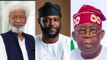“Side-by-side portraits of Wole Soyinka, Seyi Tinubu and President Bola Ahmed Tinubu.”