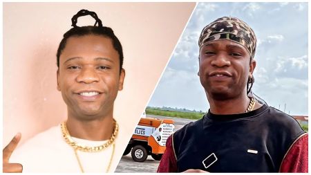 Split-image collage of Nigerian rapper and comedian Speed Darlington (Akpi)—left: smiling indoors with hair in a top knot, wearing a white shirt and thick gold chains while making a peace sign; right: outdoors under a cloudy sky wearing a camouflage bandana, black shirt with red jacket, gold chain, and a serious expression with a truck visible in the background.