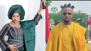 Side-by-side photo of Rita Daniels wearing a green traditional outfit with a matching gele, and filmmaker Stanley Ontop dressed in a yellow agbada with sunglasses at an outdoor event.