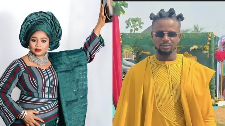 Side-by-side photo of Rita Daniels wearing a green traditional outfit with a matching gele, and filmmaker Stanley Ontop dressed in a yellow agbada with sunglasses at an outdoor event.
