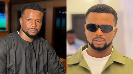 Two side-by-side photos of Nigerian moviemaker Stanley Ontop. The left image shows him wearing a black top and looking into the camera indoors. The right image shows him wearing sunglasses and an olive jacket in a bright indoor setting.