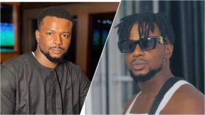 Side-by-side photos of Nigerian actor and producer Stanley Ontop, showing him in a black traditional outfit on the left and wearing dark sunglasses with a white vest on the right.