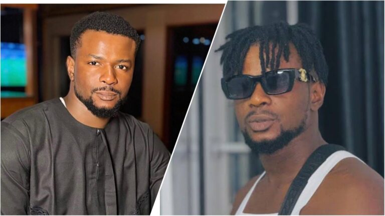 Side-by-side photos of Nigerian actor and producer Stanley Ontop, showing him in a black traditional outfit on the left and wearing dark sunglasses with a white vest on the right.