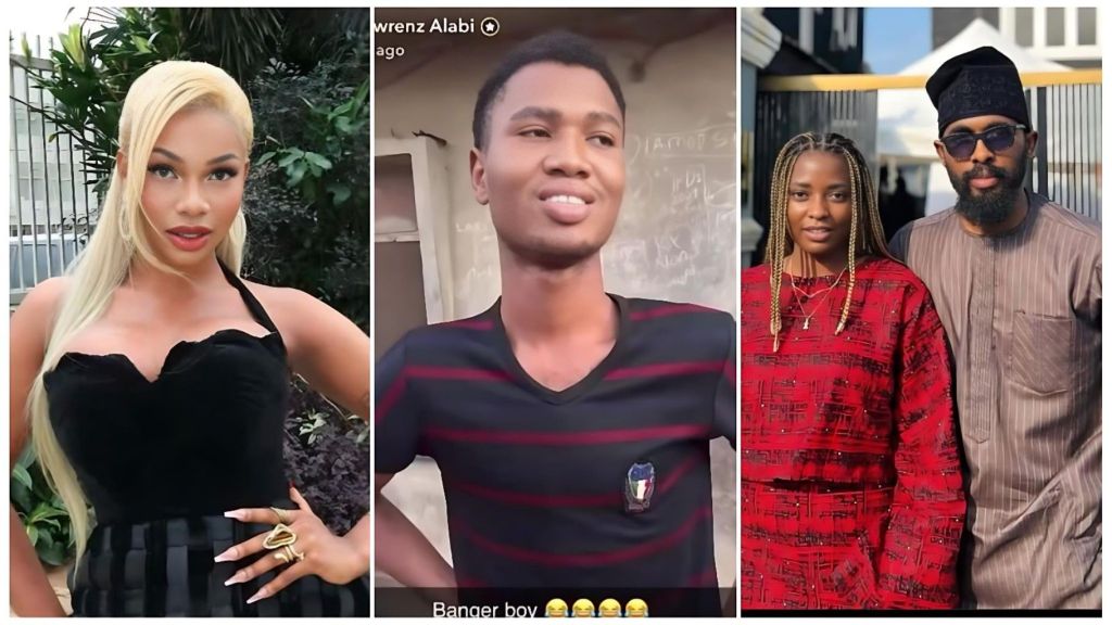 A composite image featuring Nigerian media figures. On the left is Symply Tacha (Natacha Akide), looking glamorous in a designer dress with her hair styled in sleek waves. In the center is Lawrence Alabi (also known as the "Banger Boy"), a content creator pictured in a casual outfit. On the right is his wife, Omotara Alabi (Ladymotara), posing in a fashionable ensemble.