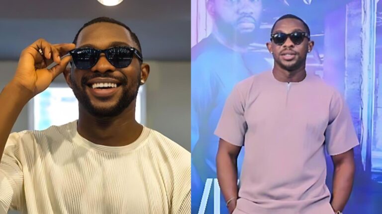 “Side-by-side photos of Nigerian actor Taye Arimoro. In the first image, he smiles while adjusting dark sunglasses and wearing a cream textured shirt. In the second image, he stands in front of a blue backdrop wearing dark sunglasses and a light mauve short-sleeve outfit.”