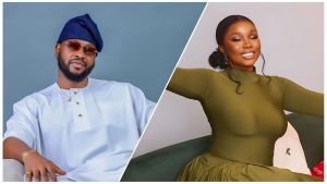 Split-image collage of Big Brother Naija stars and couple Teddy A (left: wearing a white traditional outfit with buttons, navy blue cap, tinted sunglasses, gold necklace, and bracelet, seated against a blue backdrop) and Bam Bam (right: smiling in an olive green sheer long-sleeve top and matching skirt, seated on a couch with arms outstretched against a neutral background).