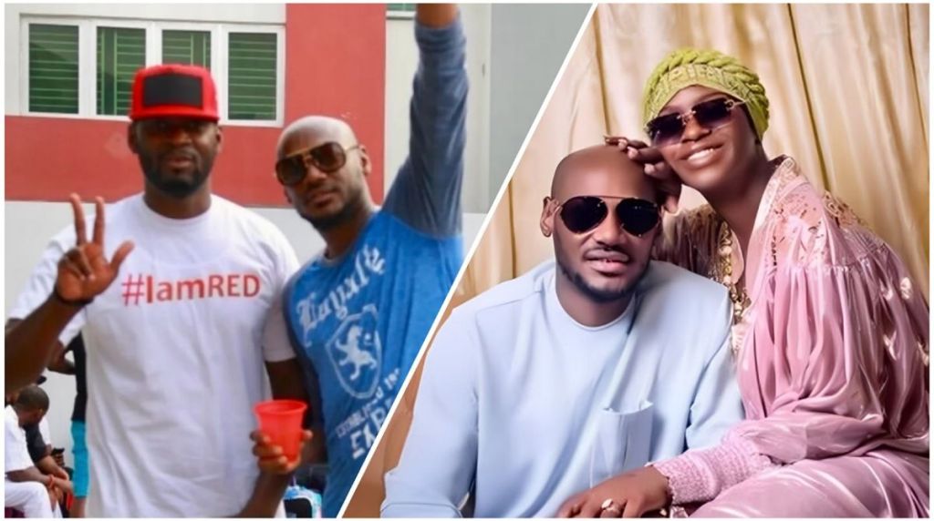 A split-image collage showing Teebillz posing with 2Baba at an outdoor event on the left, while 2Baba sits beside Natasha Osawaru Idibia in coordinated outfits on the right.