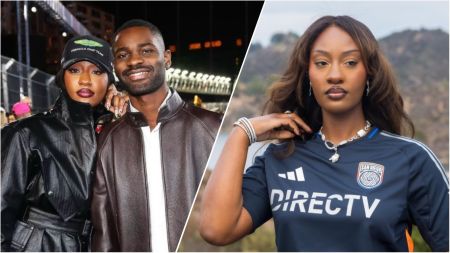 Nigerian singer Tems and British rapper Dave posing together on the red carpet at the 2025 Las Vegas Grand Prix Formula 1 event, smiling confidently side by side in formal attire against a nighttime backdrop of bright lights and race cars.