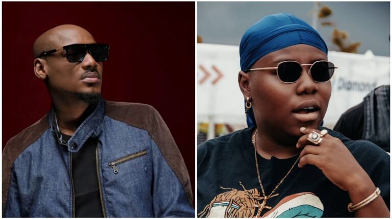 A side-by-side collage showing Nigerian singer 2Baba wearing dark sunglasses and a denim jacket on the left, and singer Teni wearing sunglasses, a blue durag, and jewellery while speaking outdoors on the right.