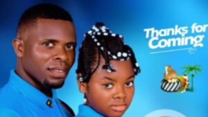 “Pre-wedding portrait of Michael and Angel, a Benue couple in matching blue outfits, standing side by side against a blue studio background.”