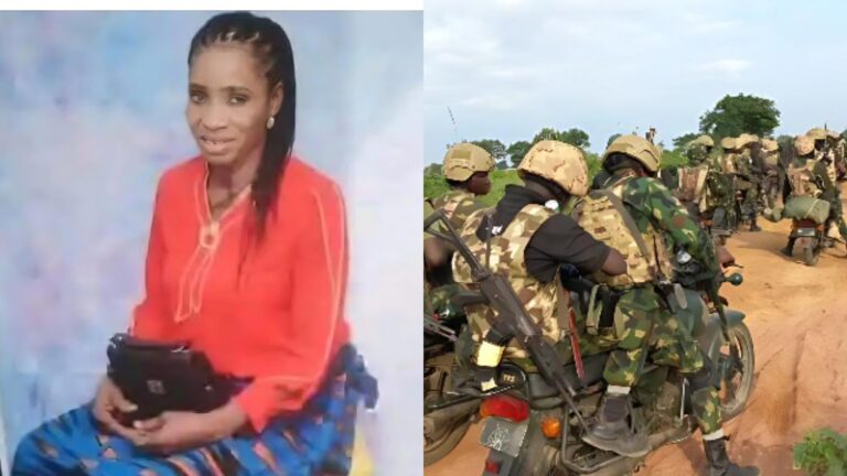 Left: Portrait of a woman wearing a red blouse and patterned skirt, seated and looking toward the camera. Right: Nigerian soldiers in full gear riding motorcycles during a forest rescue operation.