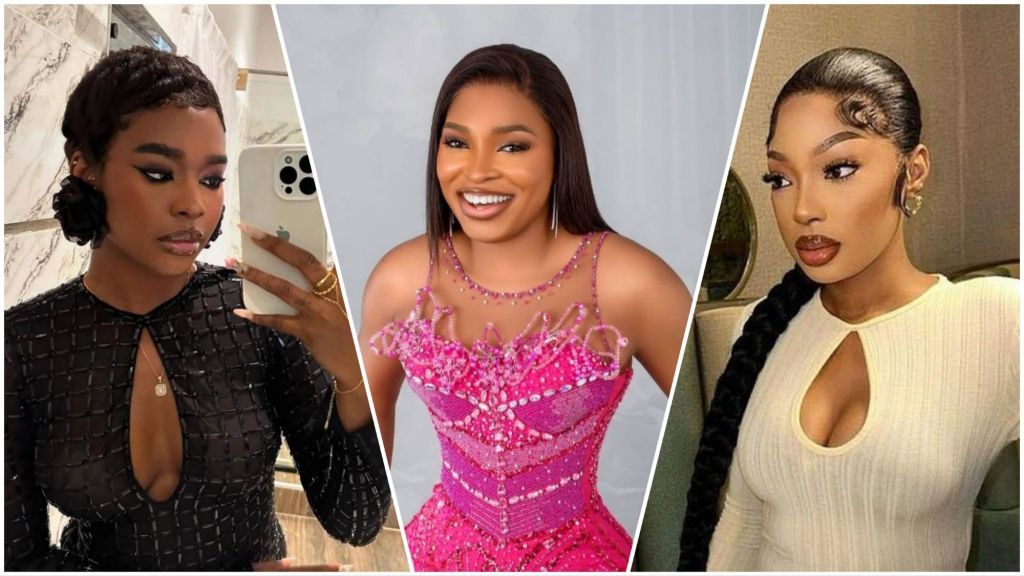 A three-panel collage showing BBNaija stars Dede, Thelma, and Mide. The left panel features Dede taking a mirror selfie in a black textured dress. The centre panel shows Thelma smiling in a bright pink beaded gown. The right panel shows Mide wearing a cream long-sleeve top with a keyhole cutout and a sleek braided hairstyle.