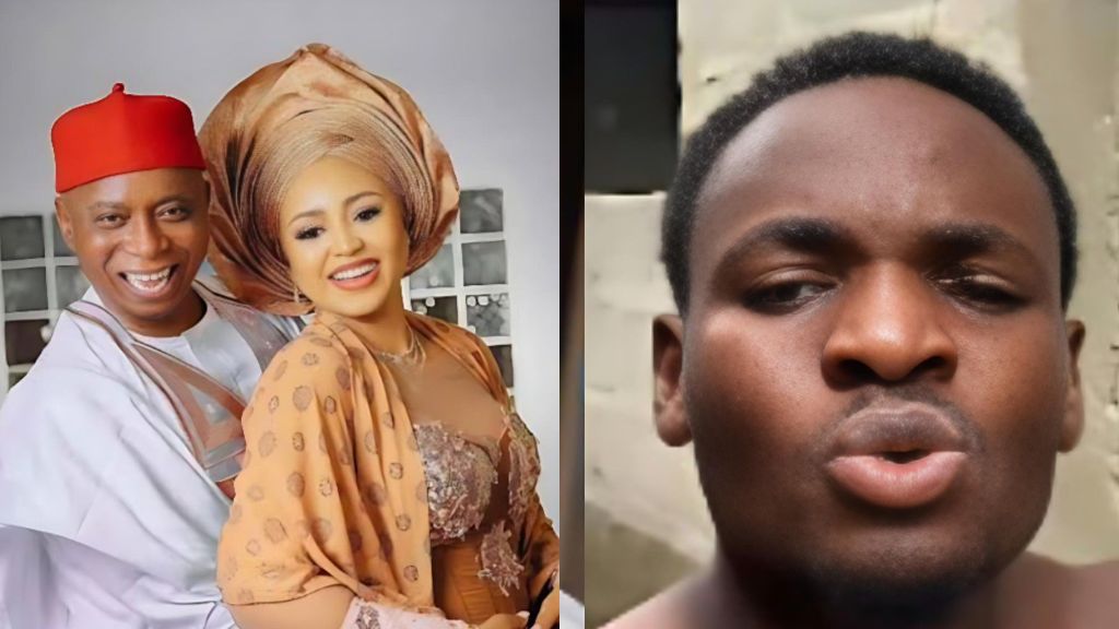 A side-by-side collage showing Senator Ned Nwoko and actress Regina Daniels smiling in traditional attire on the left, and the TikTok user who accused them appearing in a close-up video on the right.