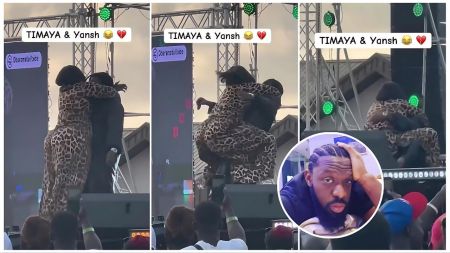 Tri-panel collage from a viral video at a concert featuring Nigerian singer Timaya and dancer Yansh—left and center: Timaya in black outfit passionately hugging and lifting a female dancer in a leopard-print bodysuit on stage with text overlay "TIMAYA & Yansh 😂❤️"; right: continuation of the embrace with an inset circular photo of a man (likely a reactor) with braided hair holding his head in disbelief.