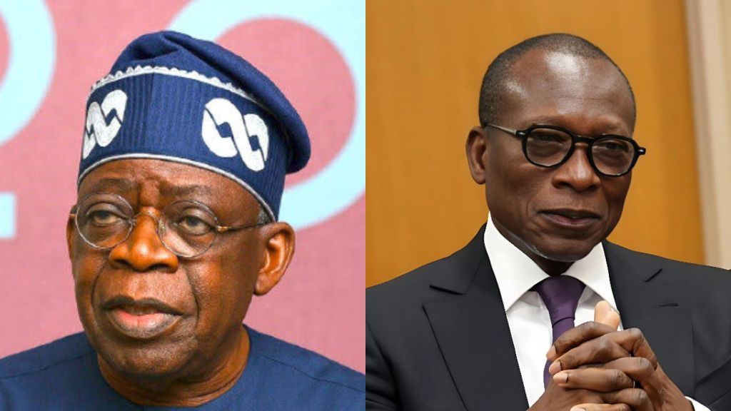 Side-by-side photos of Nigerian President Bola Ahmed Tinubu wearing a blue cap and glasses, and Benin Republic President Patrice Talon in a dark suit with folded hands, both looking forward.