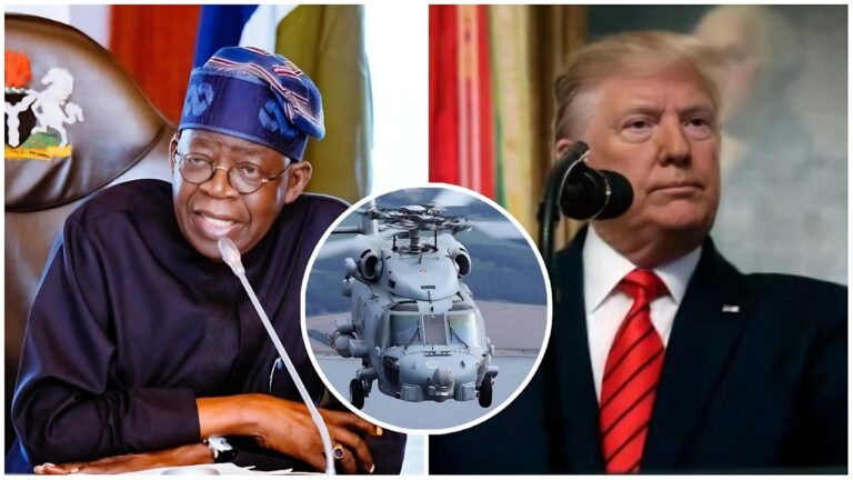 Composite meme-style image featuring (left) Nigerian President Bola Tinubu seated in a formal chair wearing traditional dark blue attire and matching embroidered cap, speaking into a microphone; (right) U.S. President Donald Trump in a dark suit with red striped tie and headset microphone, looking serious; center circular inset: a gray military helicopter (likely a Sikorsky VH-92 or similar) in flight.