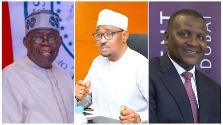 A three-panel composite image of prominent Nigerian figures. On the left is President Bola Tinubu in a formal suit and his signature traditional cap. In the center is Farouk Ahmed, the outgoing CEO of the NMDPRA, in traditional attire. On the right is Aliko Dangote, Chairman of the Dangote Group, wearing a dark suit and tie.
