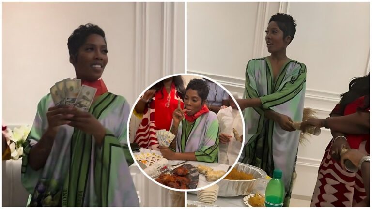 Tri-panel collage of Nigerian singer Tiwa Savage at an indoor event—left: smiling while holding a fan of naira notes, wearing a multicolored robe with black and green stripes; center (circular inset): seated at a table with food platters, holding cash and eating; right: standing and spraying money from a bundle onto someone, in the same robe with guests and food table in the background.