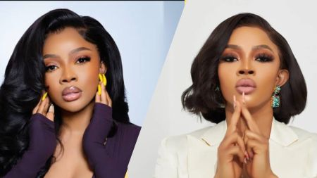 A side-by-side collage of Toke Makinwa. The left image shows her with long wavy black hair, yellow nails, and a purple top, posing with both hands near her face. The right image shows her with short styled black hair, turquoise earrings, and a white outfit, posing with her hands placed together near her chin.