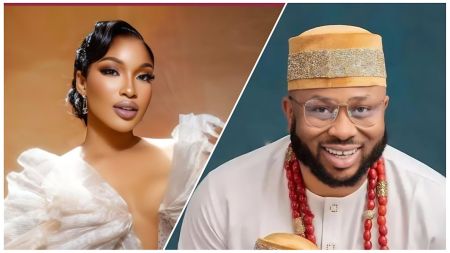 A split image featuring Nigerian actress Tonto Dikeh and her ex-husband, businessman Olakunle Churchill. On the left, Tonto Dikeh is looking over her shoulder, wearing a glamorous, one-shoulder white gown with ruffles, a vintage-style hairstyle, and elegant makeup. On the right, Olakunle Churchill is smiling brightly, wearing a white traditional Nigerian attire (Buba and Sokoto) with a gold traditional cap and large red coral beads around his neck.