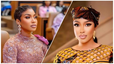 A split image featuring Nigerian actress Tonto Dikeh. On the left, she is seen with a short, wavy haircut, wearing a shimmering gold, long-sleeved dress with a pink floral embellishment on the shoulder and diamond-drop earrings. On the right, she is wearing a colorful patterned gele/headwrap and a yellow and black patterned dress with large hoop earrings.