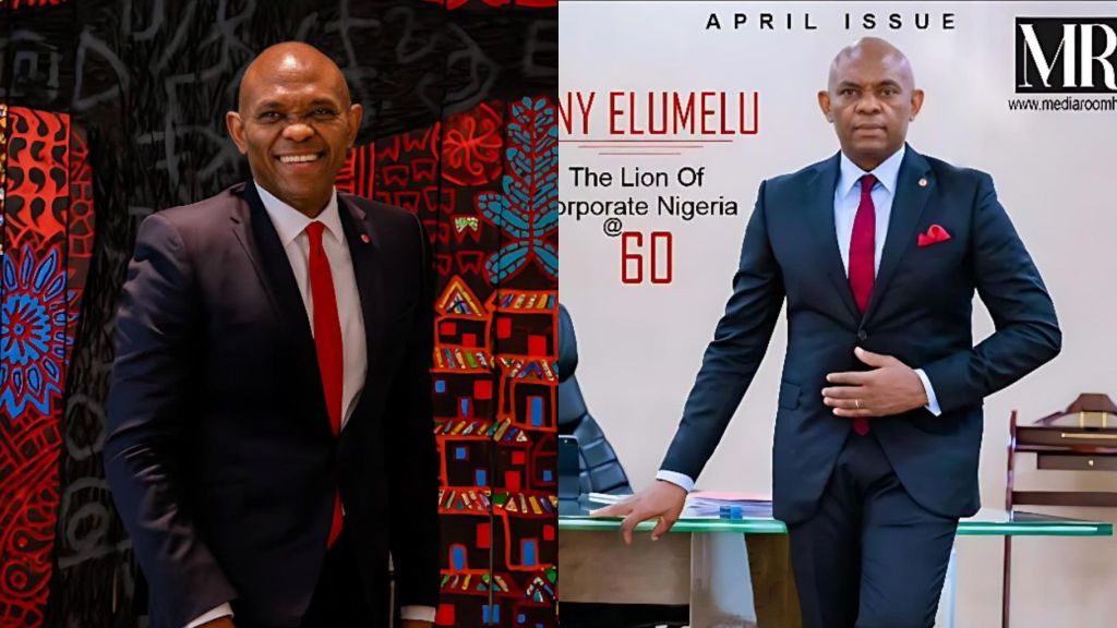 A collage of two photos showing businessman Tony Elumelu in dark suits with red ties, smiling in one frame and posing formally in the other, with colourful artwork and a magazine cover behind him.