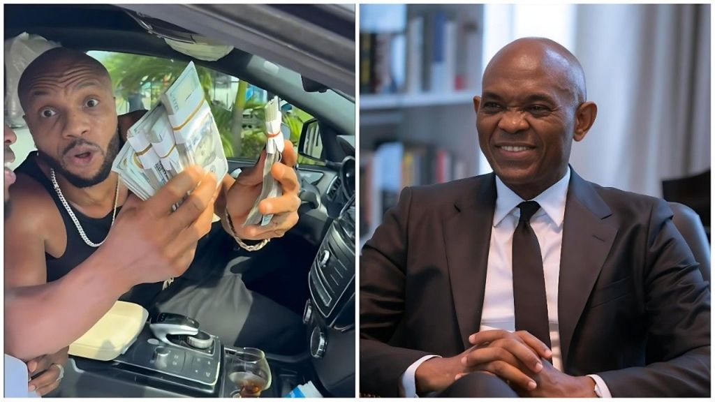 Split-image collage featuring (left) Nigerian actor and comedian Charles Okocha (Phenomenon) inside a car, wide-eyed and excited while holding multiple bundles of cash (naira notes) with another hand reaching in; (right) Nigerian banker and philanthropist Tony Elumelu in a formal dark suit and tie, smiling and seated with hands clasped against a bookshelf background.