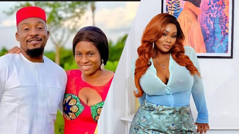 A side-by-side collage showing late Nollywood actor Junior Pope posing with his wife in a bright outdoor setting, and OAP Toolz posing indoors in a stylish outfit.